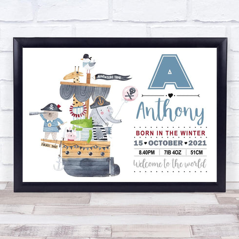 The Card Zoo Birth Details Nursery Christening New Baby Pirate Ship Keepsake Gift Print