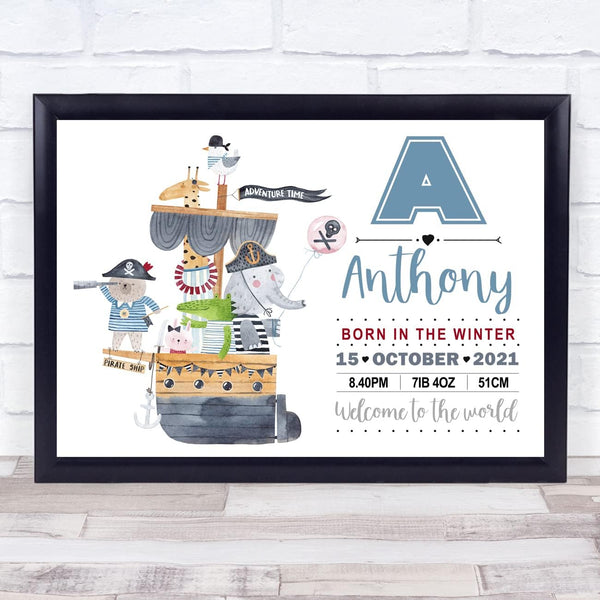 The Card Zoo Birth Details Nursery Christening New Baby Pirate Ship Keepsake Gift Print