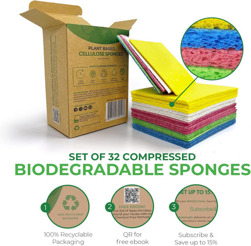Biodegradable Cellulose Compressed Sponges - Pack of 32 Kitchen Sponges for Cleaning - Heavy Duty and Natural Multipurpose Household Cleaning Sponges Good for Kitchen, Bathroom, and Surfaces by AIRNEX