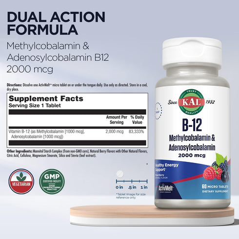 KAL Vitamin B12 Methylcobalamin and Adenosylcobalamin 2000 mcg ActivMelt, High Absorption, 60 Micro Tablets