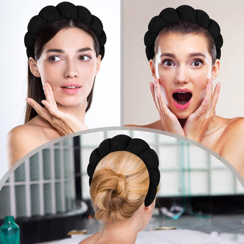 Women Spa Headband for Washing Face, Puffy Sponge Headbands for Skincare and Makeup Removal, Black