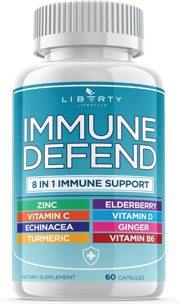 8 in 1 Immune Defense Support Capsules - 1 Pack - with Echinacea, Zinc, Vitamin C, D3, Turmeric & Ginger