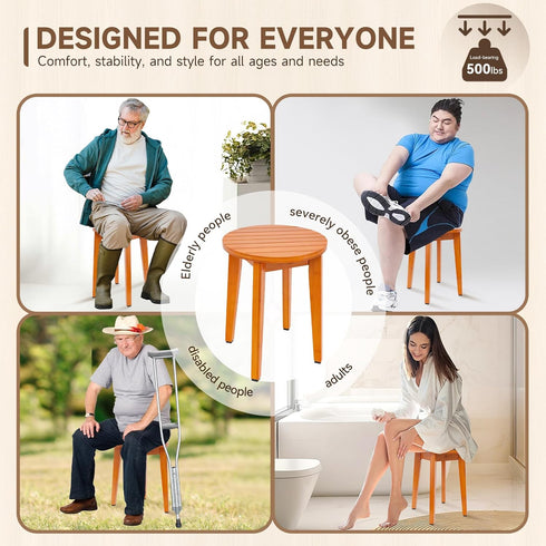 16 Inch Round Bamboo Waterproof Shower Bathroom Stool Chair, Duty Wooden Bath Corner Shaving Legs Bench Seat (Honey