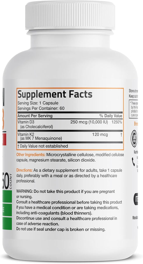 K2 (MK7) D3 10,000 120 MK-7 60 Bronson Vitamin with Extra Strength Supplement Bone Health Non-GMO Formula IU & mcg Easy