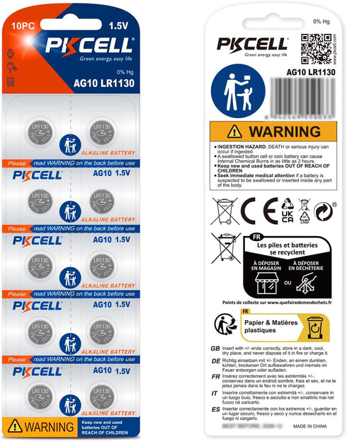 PKCELL LR1130 LR54 AG10 389 390 1.5V (10 Count (Pack 1)) Battery Button Cell Battery Alkaline Button Batteries