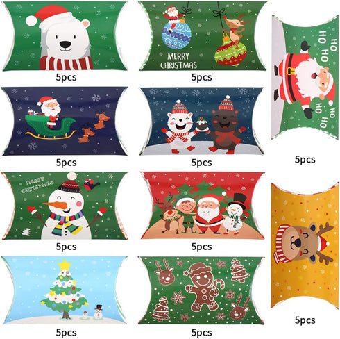 CCINEE Christmas Pillow Boxes - Xmas Candy Boxes with Red Ribbons, Santa Elk Gift Card Holder, 50PCS