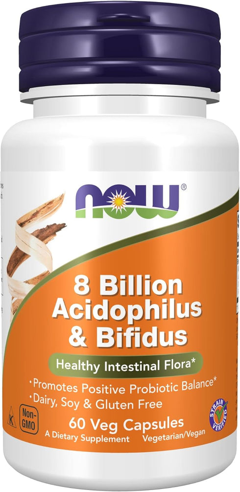 NOW Supplements, 8 Billion Acidophilus & Bifidus, 60 Veg Capsules, Dairy, Soy and Gluten Free, Strain Verified