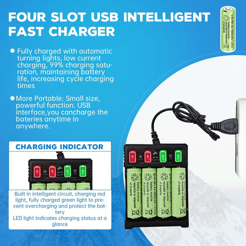 Fytoo 8PCS 1.2V 1800mAh Ni-MH AA Batteries & USB Charger for Wireless Microphone, Electric Toys, Household Appliances