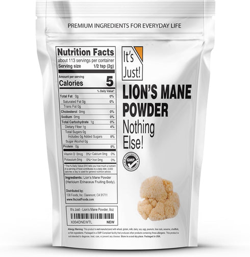 Immune 8oz It's Just! - Lion's Mane Mushroom Powder, Natural Raw Superfood, Brain Support, Health, Boost Energy