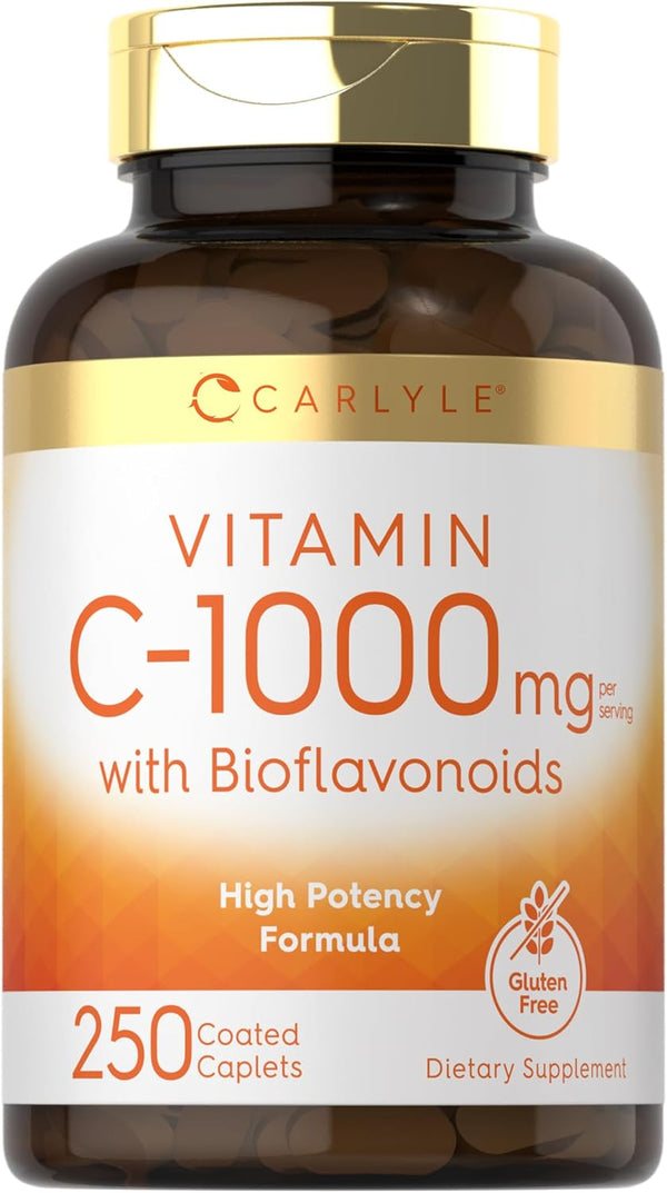 Carlyle Vitamin C, 1000mg with Bioflavonoids, 250 Caplets, with Rose HIPS, Vegetarian, Non-GMO, Gluten Free