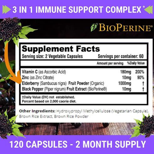 FRESH HEALTHCARE Elderberry Capsules, High Potency Black Elderberry with Zinc and Vitamin C for Immune Support