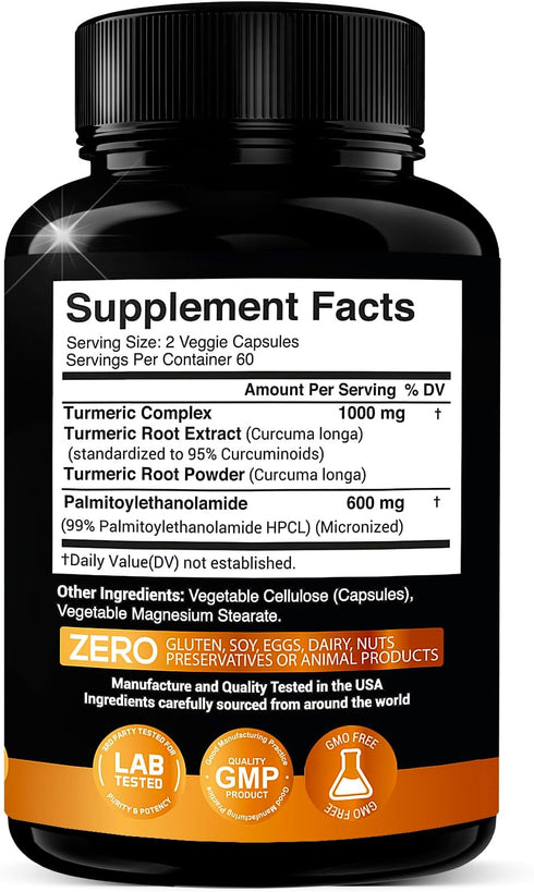Palmitoylethanolamide 600mg + Turmeric Curcumin Complex 1000mg, Micronized Pea Supplement for Men and Women, 120 Veggie