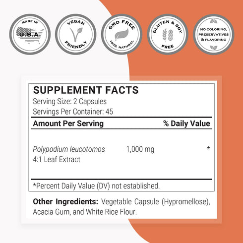 Supersmart Polypodium Leucotomos Extract 1000 mg per Day, Skin Protection & Health, 90 Vegetarian Capsules