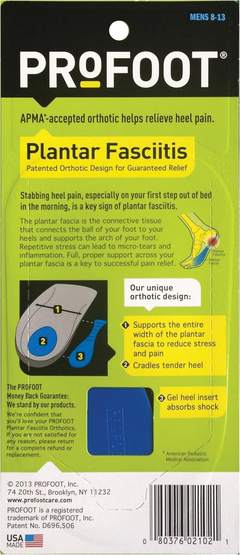 Profoot Orthotic Insoles for Plantar Fasciitis & Heel Pain, Men's 8-13, 1 Pair