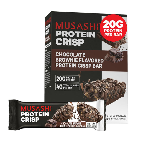 MUSASHI Protein Crisp Bar, 20g Protein, Chocolate Brownie, Post Workout Snack, 12 Pack of 2.1oz Bars