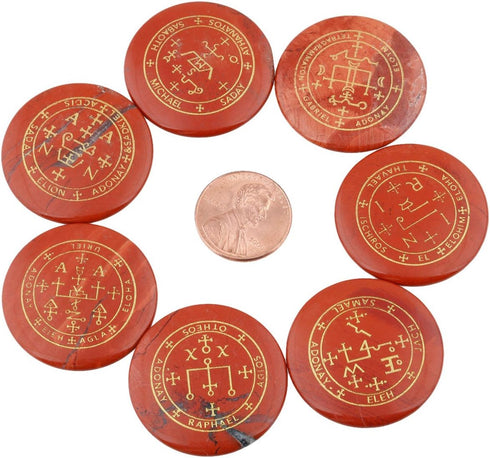 Rockcloud Healing Crystal 7pcs Engraved Magic Circle Round Palm Stones, Spiritual Powers, Red Jasper