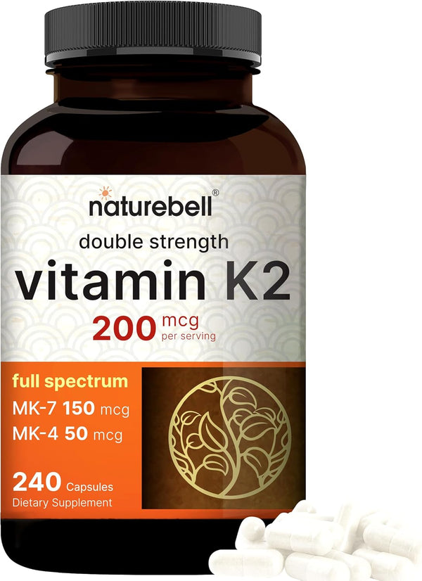 NatureBell Full Spectrum Vitamin K2 Supplement with MK-7 & MK-4, 200 mcg, 240 Capsules - Non-GMO K Vitamins Complex