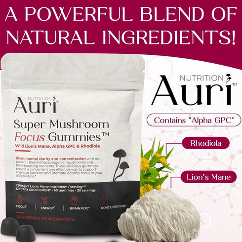 Auri Super Mushroom Focus Gummies - 60 Vegan Friendly Gummies with Lion's Mane, Alpha GPC & Rhodiola for Cognitive