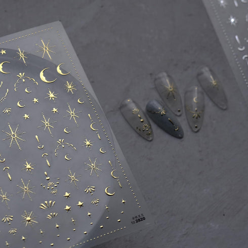 Moon Star Nail Art Stickers, 3D Gold Bronzing Self-Adhesive Nail Decals for Luxury Nail Design and DIY Nail Art Supplies