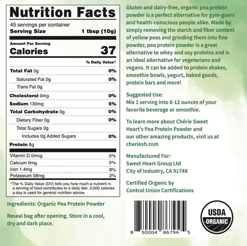 Cherie Sweet Heart Organic Pea Protein Powder 1 lb, 100% Non-GMO, Dairy-Free, Keto-Friendly, Gluten-Free, Soy-Free, Plant-Based Protein