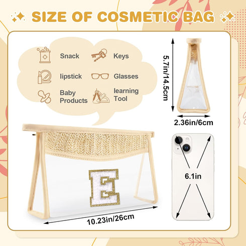 Personalized Boho Straw Clear Makeup Bag, Small Chenille Varsity Letter Bag with Zipper, Beach Travel Bag, E