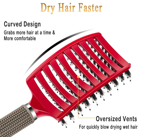 KTKUDY Detangling Hair Brush - Boar Bristle & Tangle-Free Design for Kids, Women, and Men, Pain-Free Styling (Red)