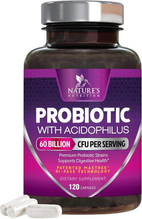 Probiotics 60 Billion CFU, with Prebiotics for Digestive & Immune Health Support, 120 Capsules, Soy & Gluten Free
