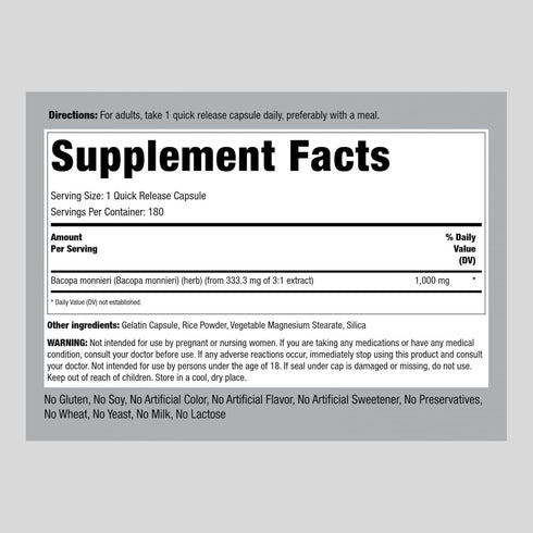 Piping Rock Bacopa Monnieri Capsules 1000 mg | 180 Count | Herbal Extract Supplement | Non-GMO, Gluten Free