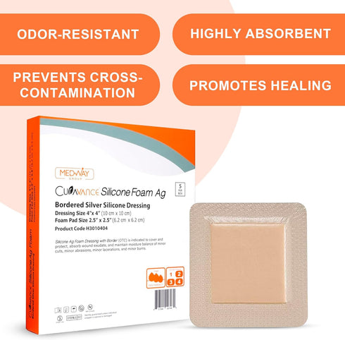 MedVance Bordered Silver Silicone Ag Sterile Absorbent Antibacterial Dressing 4"x 4" 5 Count