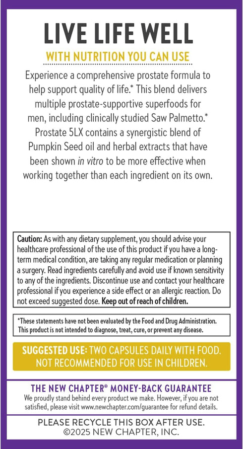 New Chapter Prostate 5LX Supplement - Clinical Strength Saw Palmetto + Fermented Selenium for Men’s Wellness - 60 ct