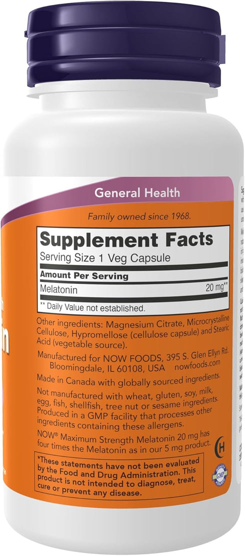 NOW Supplements, Maximum Strength Melatonin 20 mg, Healthy Sleep Cycle*, Free Radical Scavenger*, Gastrointestinal Support*, 90 Veg Capsules