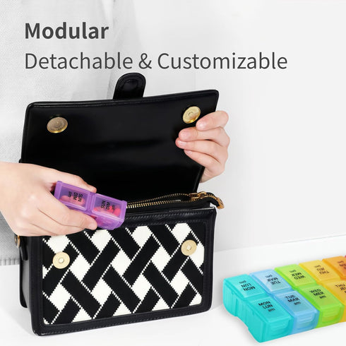 Yurkim 7-Day Mini AM PM Pill Organizer with Pill Cutter, Detachable Daily Pods, Slim Portable Travel Case, Pocket Purse