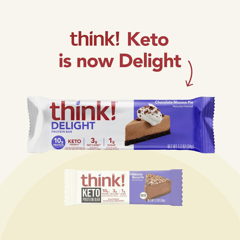 think! Delight Protein Bars - Low Carb, Gluten Free Snack, Chocolate Mousse Pie, 10 Count (Packaging May Vary)