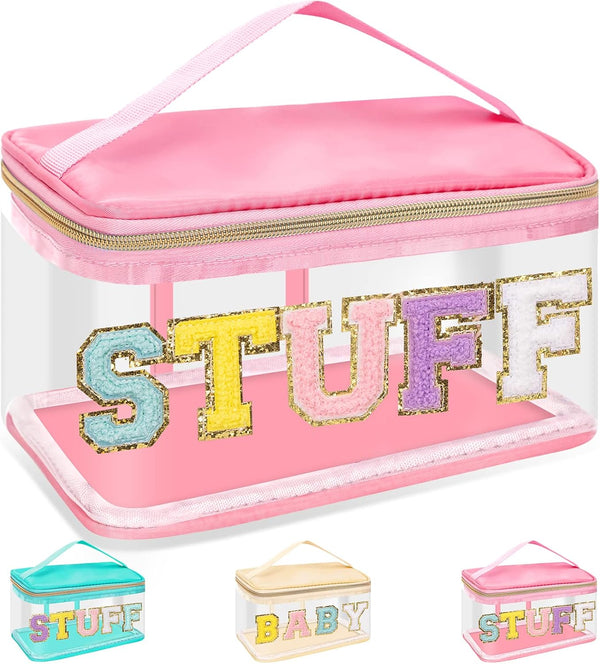 Chenille Letter Clear Makeup Bags Stuff Pouch, Preppy Zipper Makeup Bag with Handle, Transparent Waterproof Storage