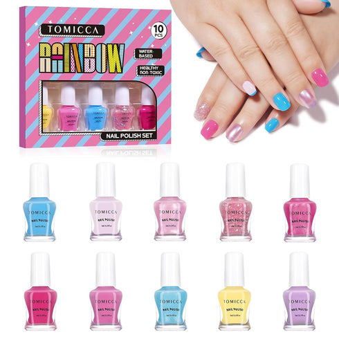 TOMICCA Kids Nail Polish, 10 Colors Quick Dry Peel Off Water Based Rainbow Nail Polish for Toddler Teen
