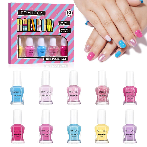 TOMICCA Kids Nail Polish, 10 Colors Quick Dry Peel Off Water Based Rainbow Nail Polish for Toddler Teen