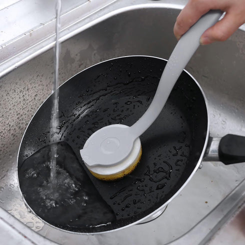 DrDirt Kitchen Sponges with Handle - 2 Round Wood Pulp Dish Sponges & 1 Non-Scratch Scouring Pad for Pans & Sink
