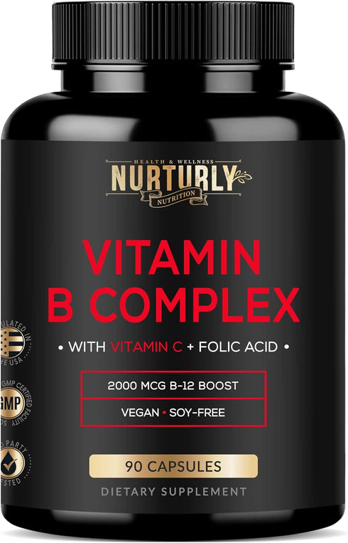 Vitamin B Complex with Vitamin C, 90 Capsules, All Essential B Vitamins for Energy, Immunity & Mood Support
