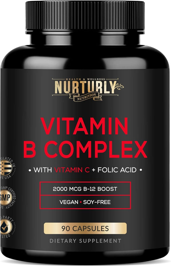 Vitamin B Complex with Vitamin C, 90 Capsules, All Essential B Vitamins for Energy, Immunity & Mood Support