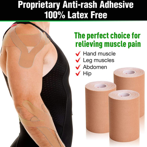 3 Pack Kinesiology Tape, Water Resistant Muscle Support Adhesive Sport Tape for Pain Relief, Tan 4in 5.5yd