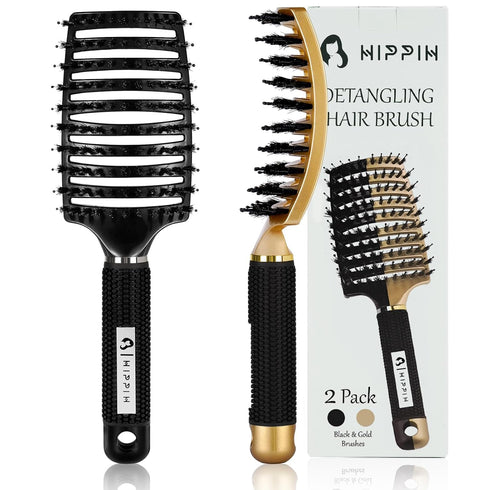 HIPPIH 2 Pack Boar Bristle Hair Brush, Wet & Dry No Pull Curved Vented Detangler for Kids & Men