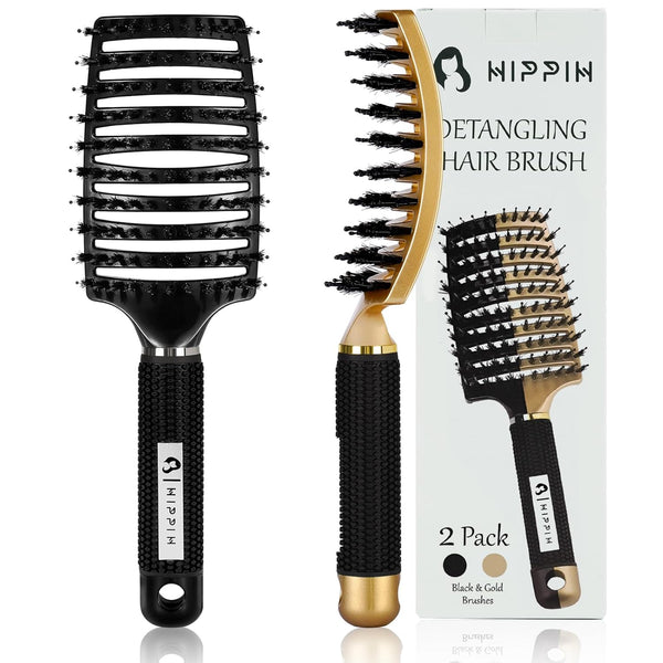 HIPPIH 2 Pack Boar Bristle Hair Brush, Wet & Dry No Pull Curved Vented Detangler for Kids & Men