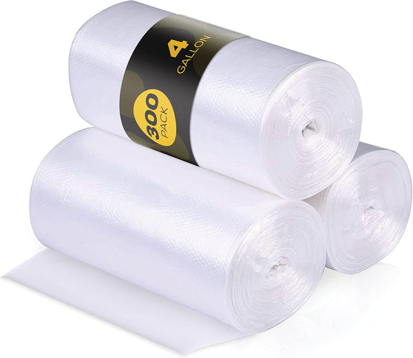 4 Gallon Trash Bags - 300 Small Mini Garbage Bags, 17" x 18" Clear Waste Basket Liners, Bulk Plastic Bathroom