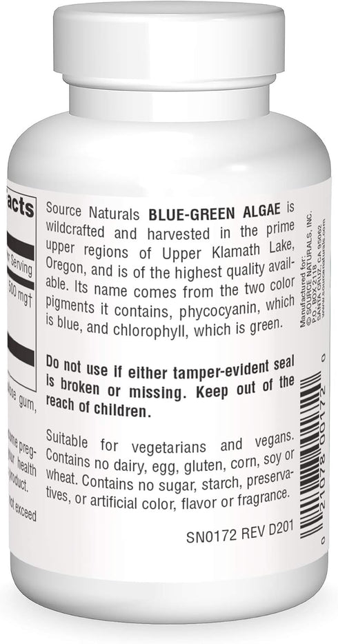 Source Naturals Blue Green Algae from Klamath Lake, Algae Superfood Supplement, 500 mg, 100 Tablets