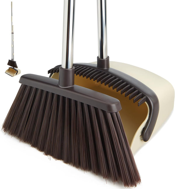 Broom and Dustpan Set, Heavy Dust Broom Combo for Home, Long Handle Dust Pan and Broom Set for Kitchen, Office, Beige