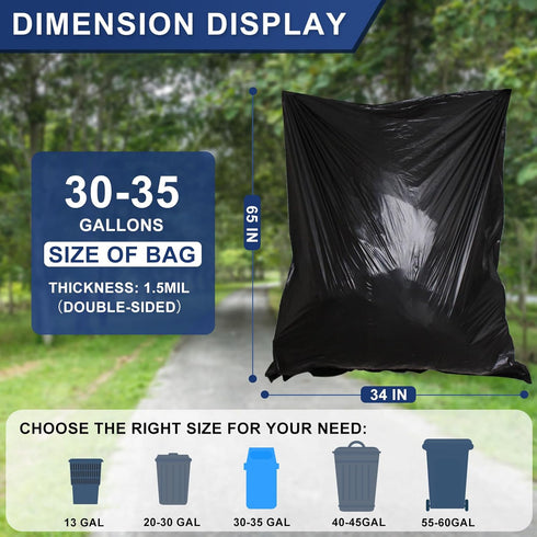 30-35 Gallon Trash Bags, 1.5 Mil, Large Black Garbage Bags, 100 Count for Home Kitchen Commercial Lawn and Leaf
