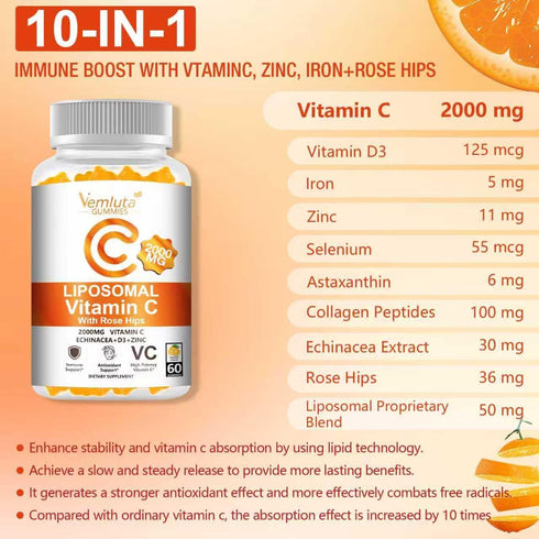 Vemluta 2 Pack 2000mg Gummies D3 5000IU,Elderberry Immune,Antioxidant 120Count Liposomal Vitamin C Complex Rose Hips