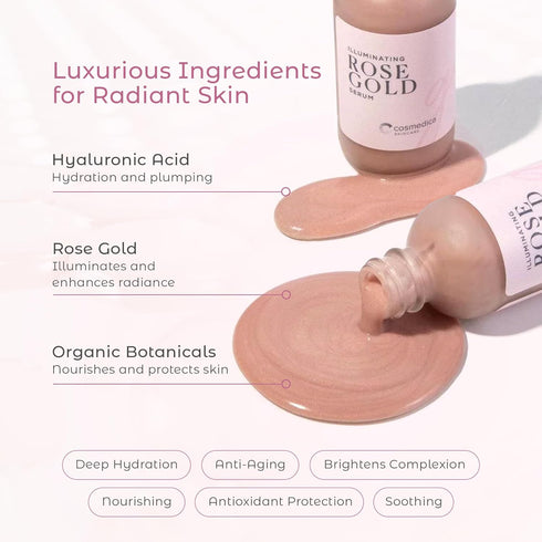 Illuminating Rose Gold Facial Serum Elixir - Hydrating Aloe & Hyaluronic Acid, 2 oz.