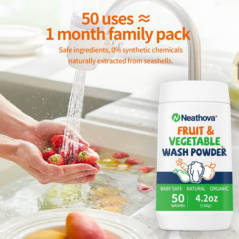 Neathova 50 4.2oz (120g), Fruit & Veggie Wash Powder, Natural Organic Produce Cleaner for Pesticides & Wax Removal