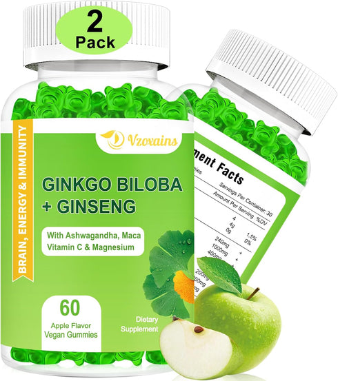 Ginkgo Biloba Gummies 2 Pack with Ginseng Maca Root & Magnesium - Organic Brain Focus Energy Mood Memory Supplements